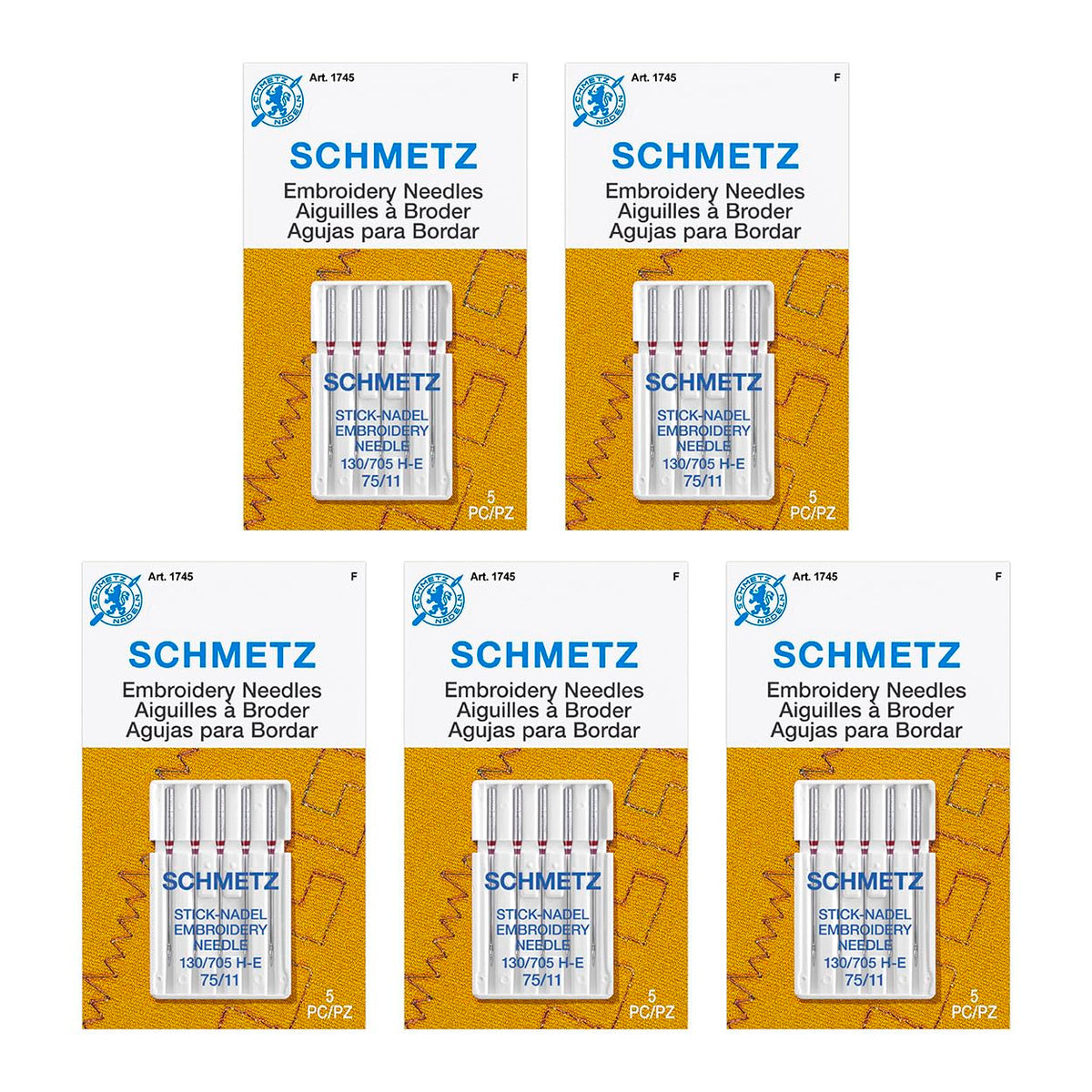 Schmetz 25 Embroidery Sewing Machine Needles, Size 75/11, 130/705H-E