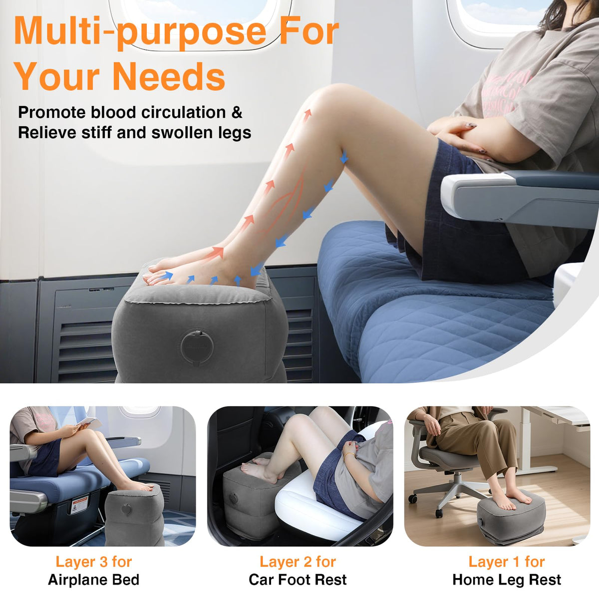 Maliton Inflatable Airplane Foot Rest with Pump Bag (Darkgrey, 2Pcs)