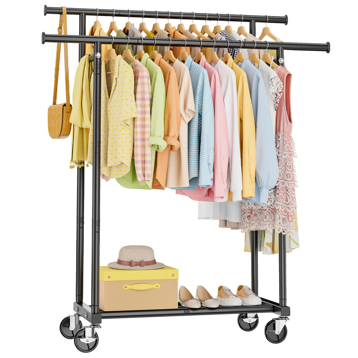 HYSEYY Double Rod Clothes Rail, Rolling Clothes Rack, Heavy Duty Clothing Rail with Lockable Wheels & Storage Shelf, Clothing Rack for bedroom