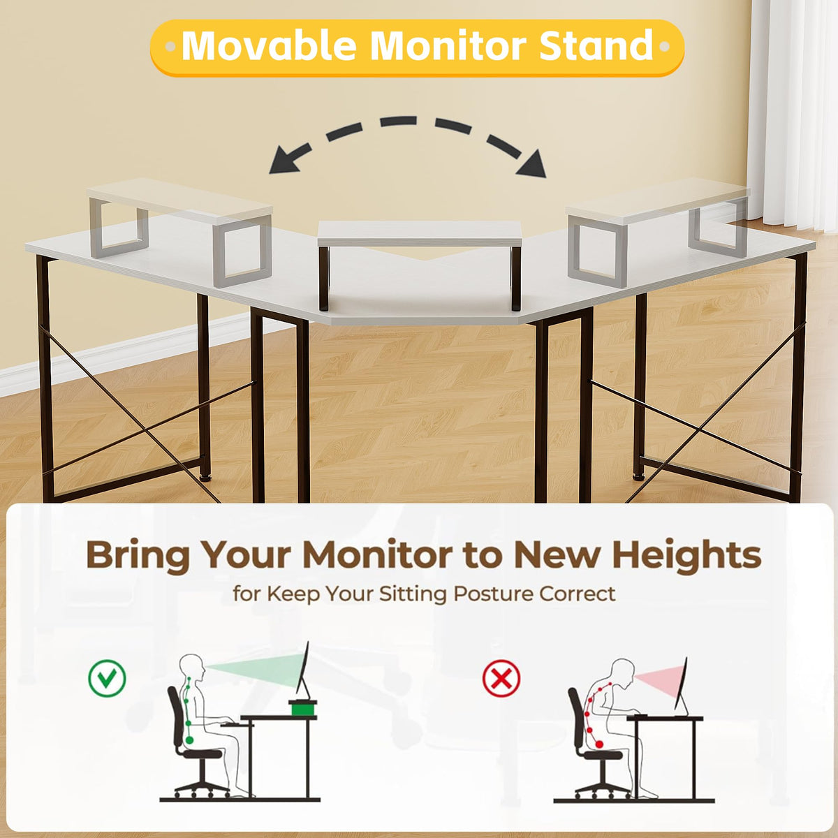 CAIYUN Corner Desk, 50" L Shaped Gaming Desk with Removable Monitor Stand, Computer Desk for Home Office, Metal Frame, White