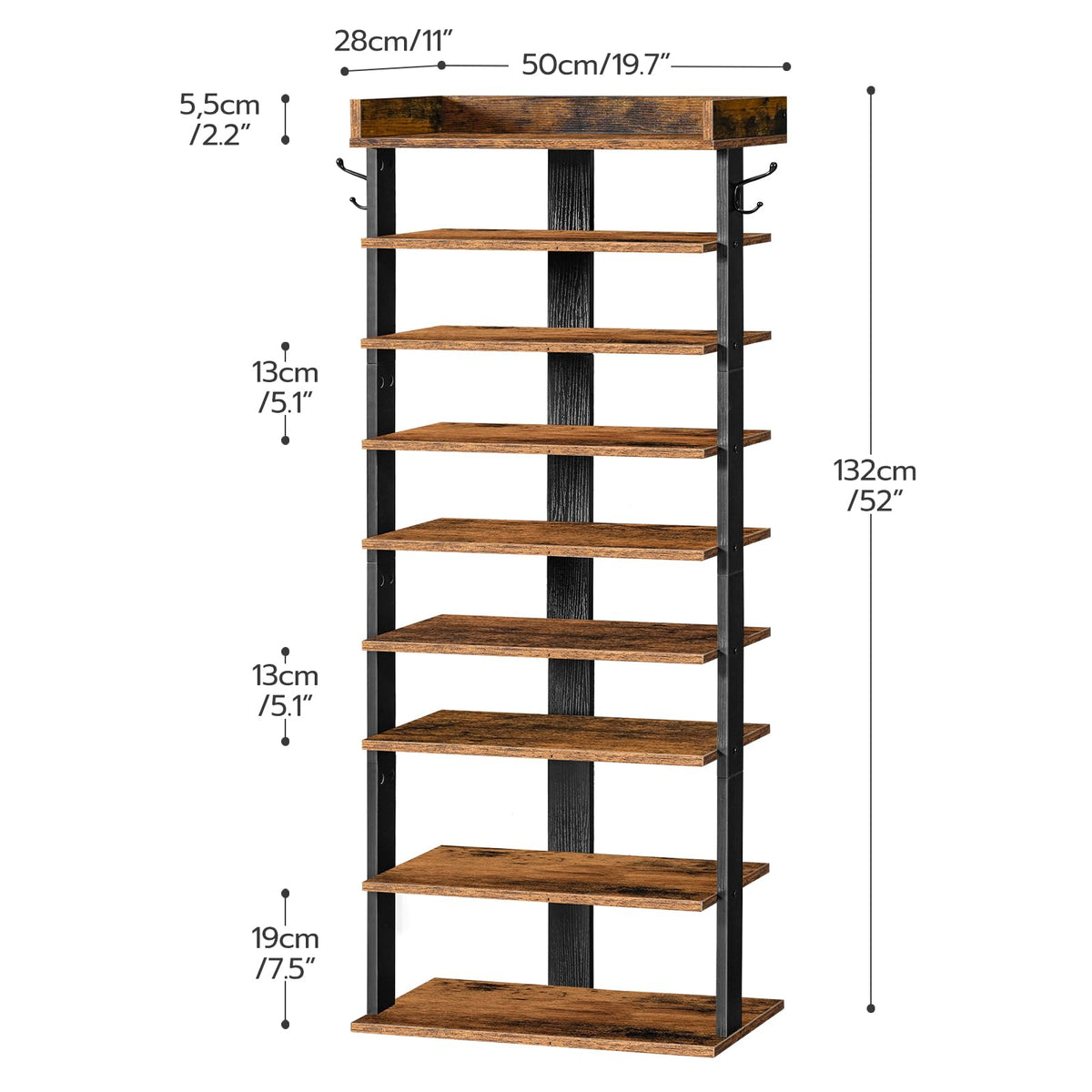 HOOBRO Narrow 9-Tier Tall Shoe Rack, Wooden Storage Organizer With 2 Hooks, Slim Shelf, Vertical Tower for Entrance, Industrial
