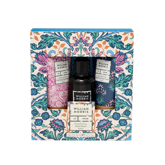 William Morris At Home Body Cream, Oil and Wash x3 30ml, Exfoliating Bathtime Ritual, Calming Fragrance, Glycerin, Travel Size, Vegan and Cruelty