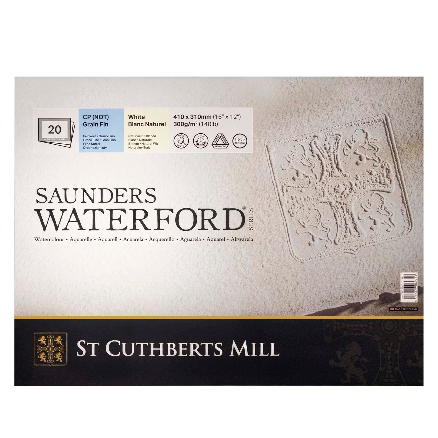 St Cuthberts Mill Saunders Waterford watercolor paper T46330051011E 300 g/m?, fine grain, watercolor block 41 x 31 cm, glued all around, 20 sheets,