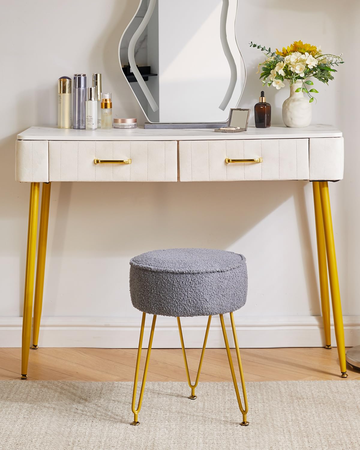 IBUYKE Makeup Vanity Stool Chair, Teddy Velvet Footrest, Gray WBD009G