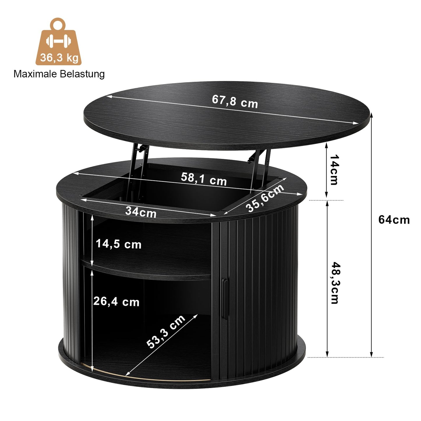 Mossora Black Round Lift Top Fluted Coffee Table with Storage, 68*68*50cm