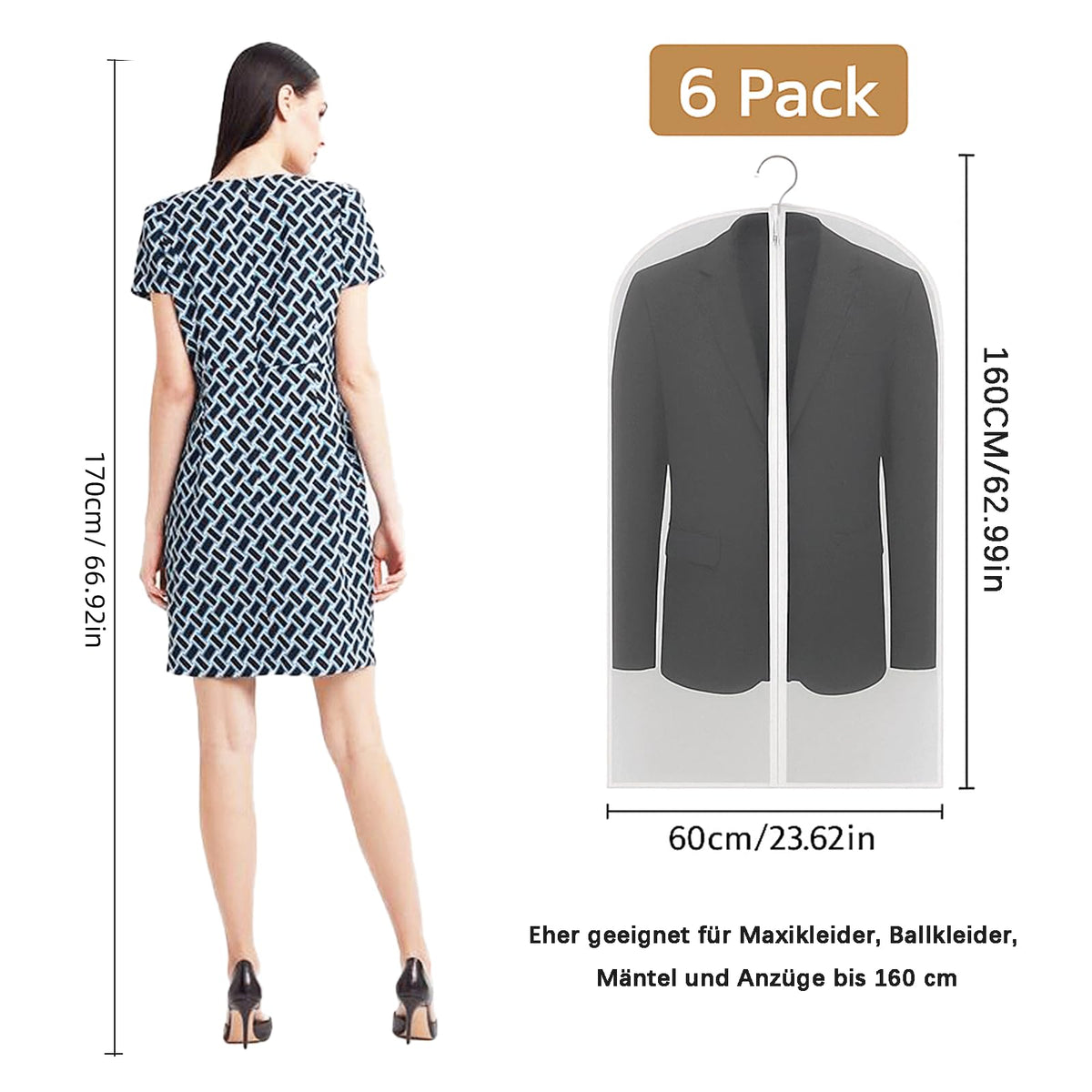CNMTCCO Transparent Dustproof Suit Covers Set of 6, Dustproof Rain Resistant Suitable for Storage and Protection of Dresses Jackets and Evening