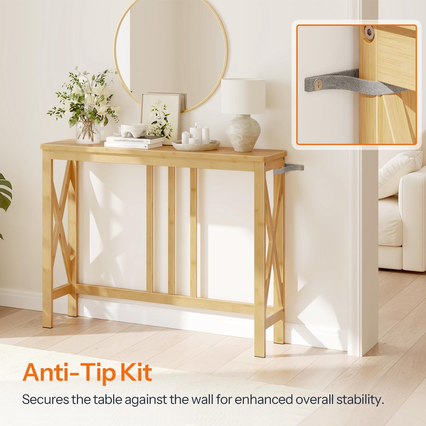 HOOBRO Slim Console Table for Hallway, 100 cm Bamboo Behind Sofa Table, Narrow Hallway Table with X-Shaped Side Frames, Modern Side Table
