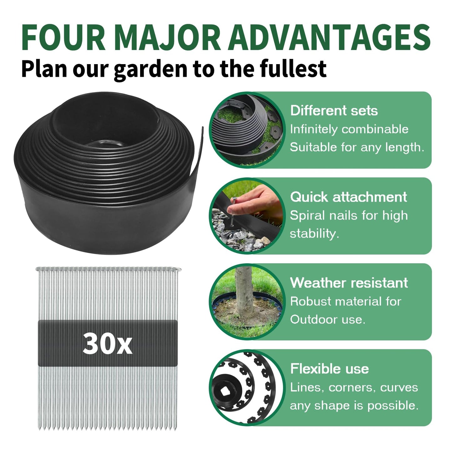 YEEBECA Lawn Edging Kit, 4 Inch High Flexible Lawn Edging Border Kit For Lawn Trimming With 30 Steel Anchors, 33 Ft Long In Black