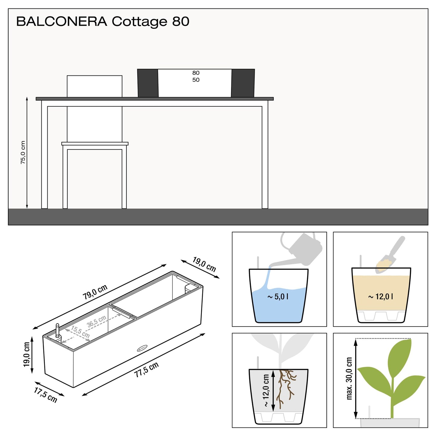 Lechuza Self Watering Plant Pot BALCONERA Cottage 80 Indoor and Outdoor Flower Rattan Look Plastic Plant Pot and Window Box with Drainage Hole H19 L80