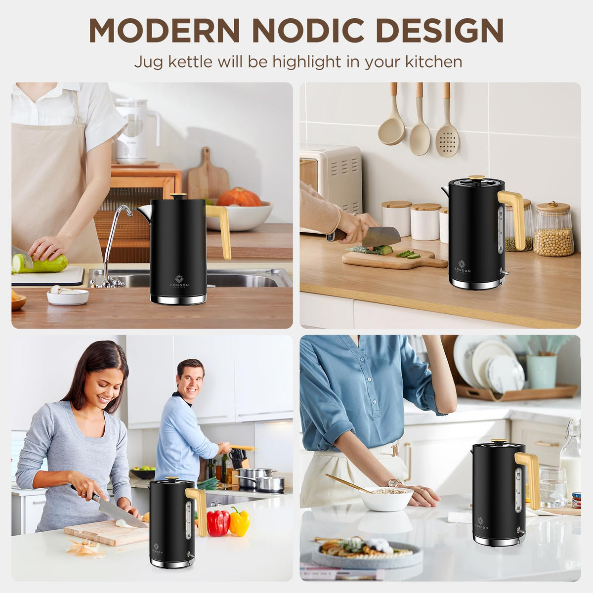 London Boutique Electric Kettle, Stainless Steel kettles Electric, Cordless Fast Boil Electric kettle with Wood Effect, Boil Dry Protection,