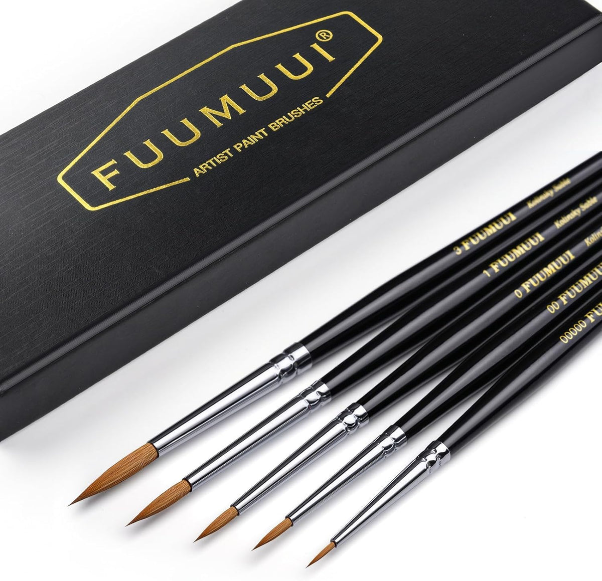 Kolinsky Sable Miniature Watercolour Brushes 5Pcs, Fuumuui Professional Detail Paint Brushes for Watercolour, Gouache, Miniature, Models, Face