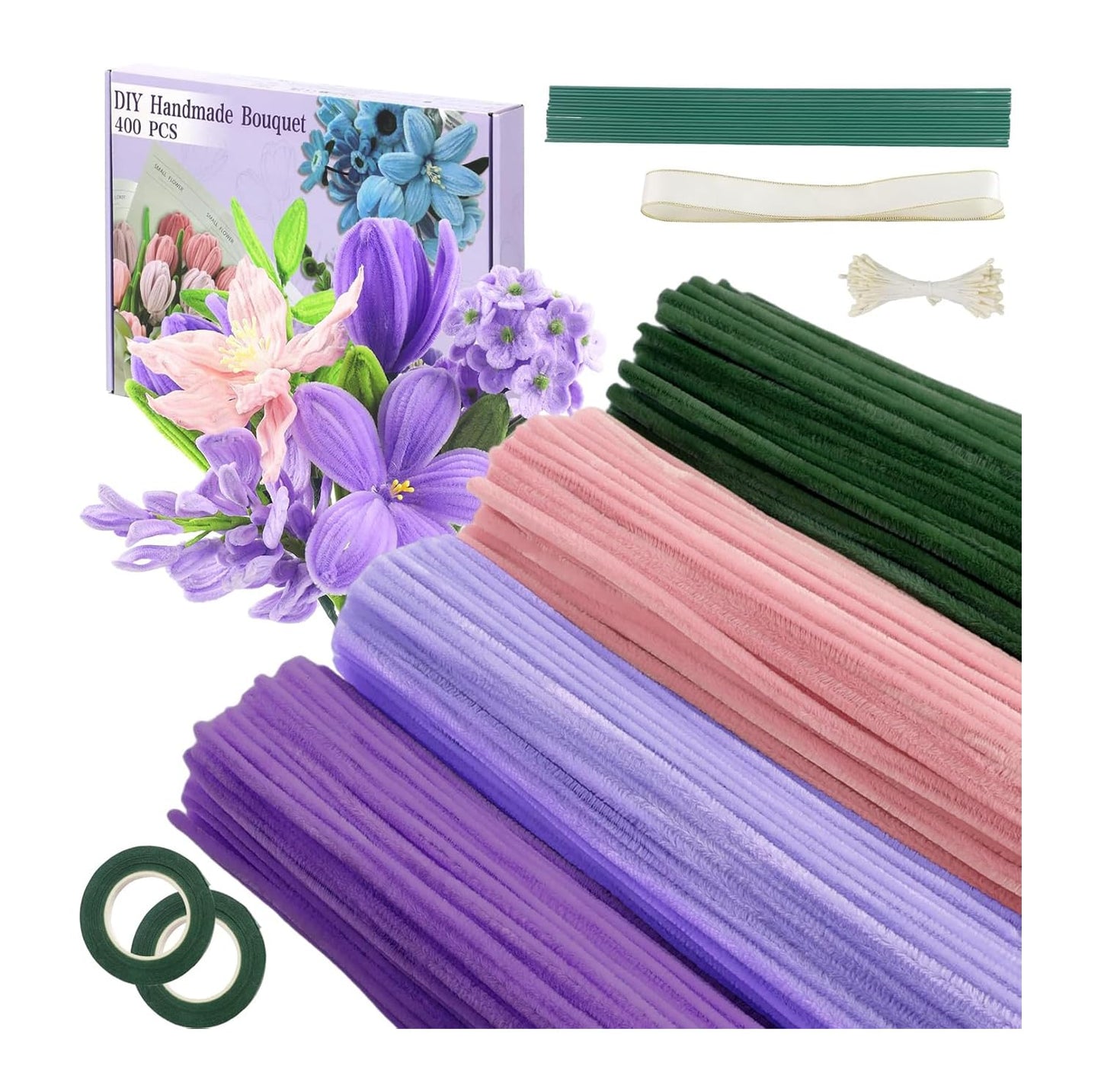 DGHOME 400pcs Pipe Cleaners for Craft Flowers, Pipe Cleaners for Tulip Bouquet, Fuzzy Sticks Craft Supplies for Flower DIY Craft Kit Gift, Chenille