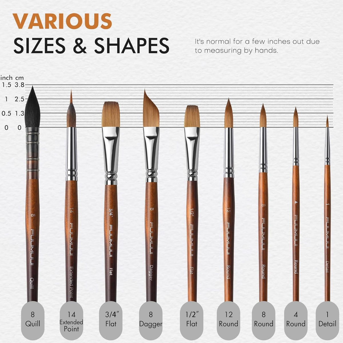 Professional Sable Watercolour Brushes 9pcs, Fuumuui Artist Paint Brush Set, Squirrel Hair Mop Brush, Extended Point Brush, Round Point, Flat, Dagger