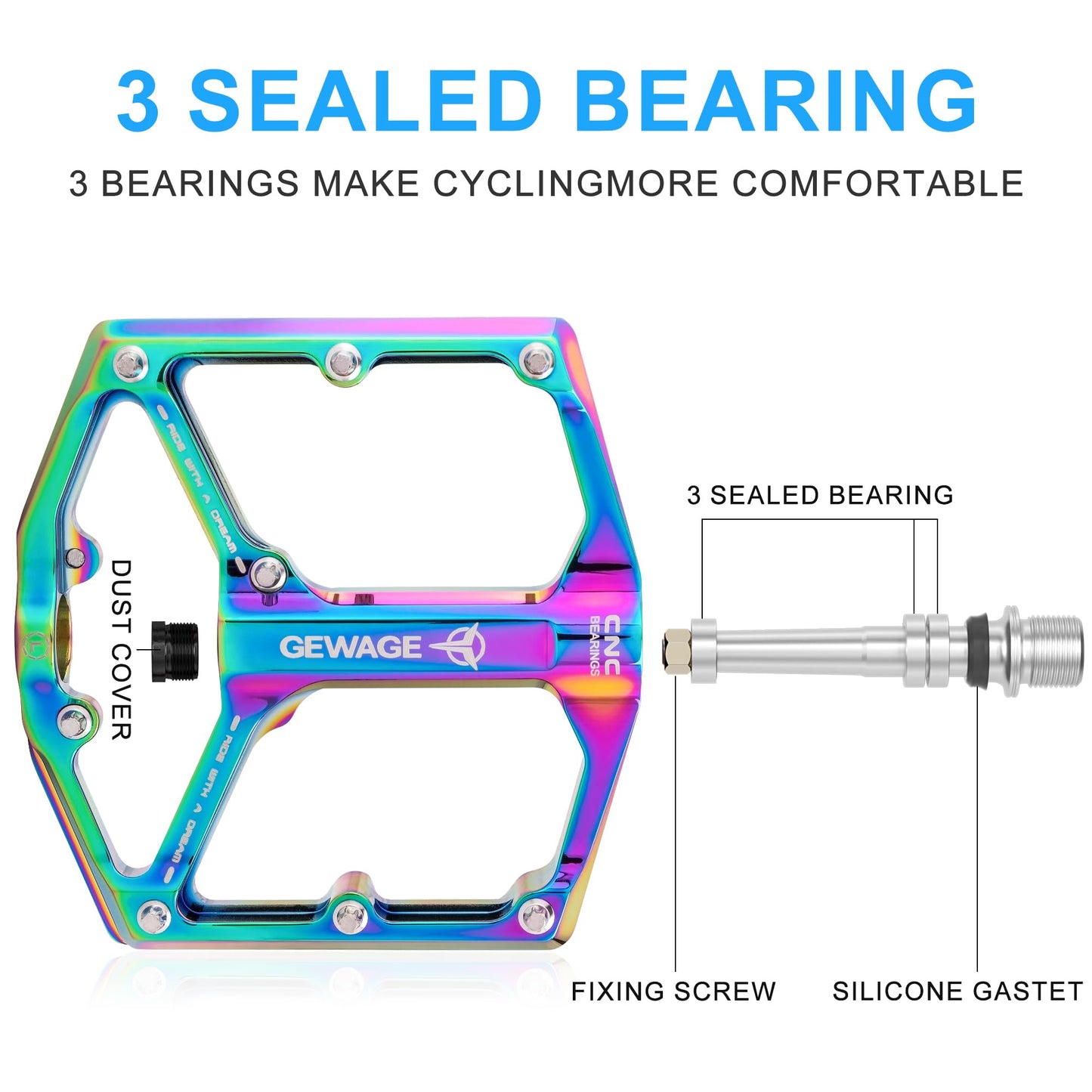 GEWAGE Road/Mountain Bike Pedals - 3 Bearings Bicycle Pedals - 9/16? CNC Machined Flat Pedals with Removable Anti-Skid Nails (Colourful)