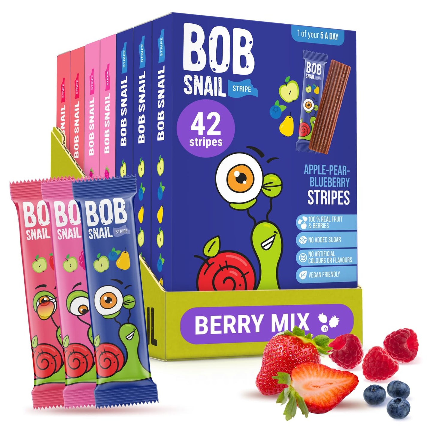 Bob Snail Fruit Leather Stripes ? Mix Flavors Blueberry, Raspberry, Strawberry ? Sugar Free, Vegan, Natural Healthy Fruit Snacks for Adults and Kids,