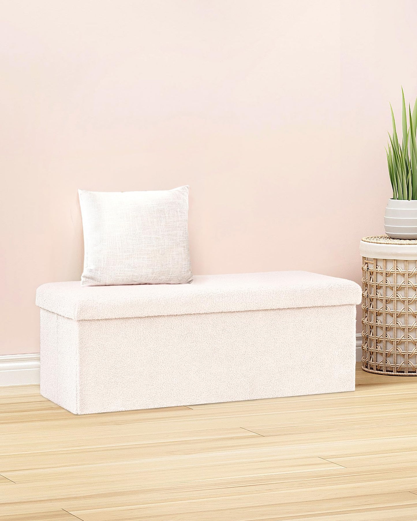 Bonlife Folding Ottoman Storage Bench,Boucle Footstool for Living Room,End of Bed Bench,Sherpa Ottomans Foot Rest,140L Storage Space,White,110x38x38cm