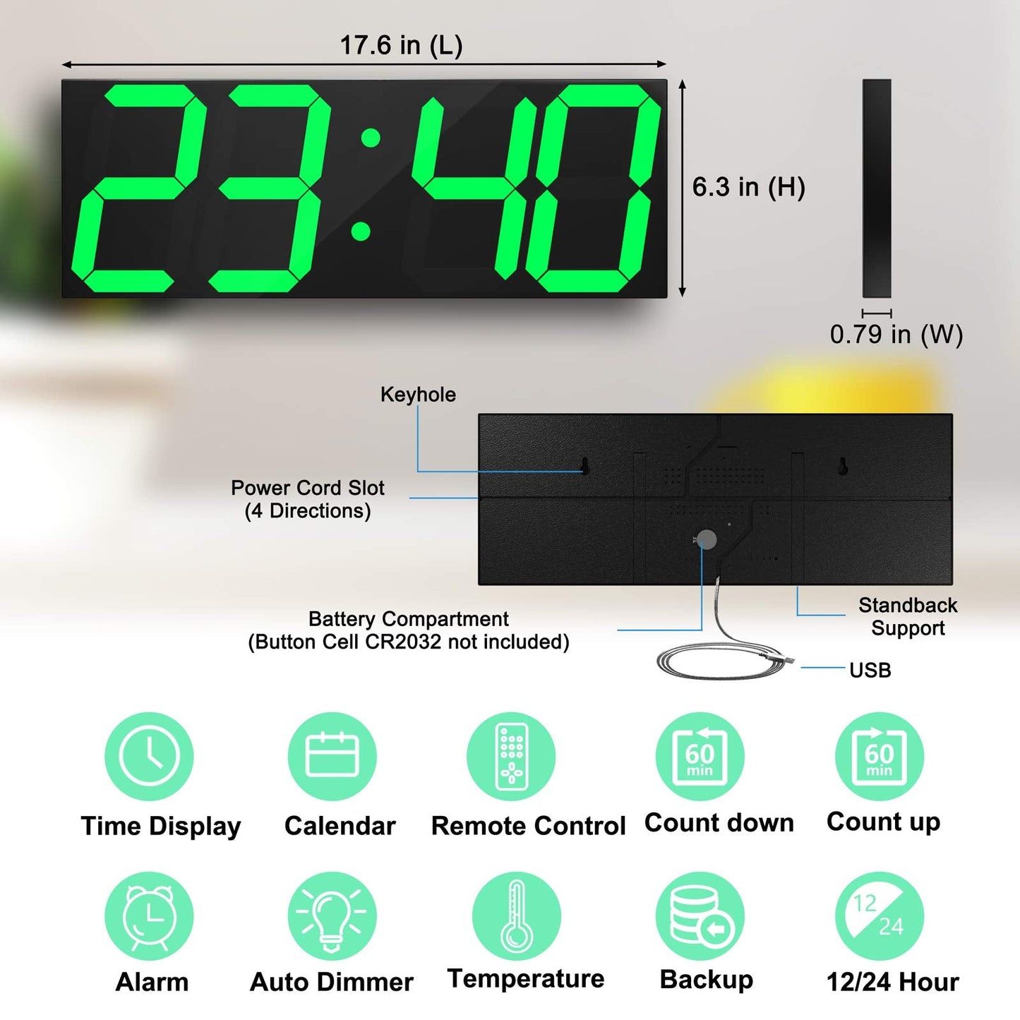 CHKOSDA Digital Wall Clock, 18" Large Wall Clock, Led Wall Clock with Countdown Timer, Calendar, Thermometer, 12/24H, Adjustable Brightness, Wall