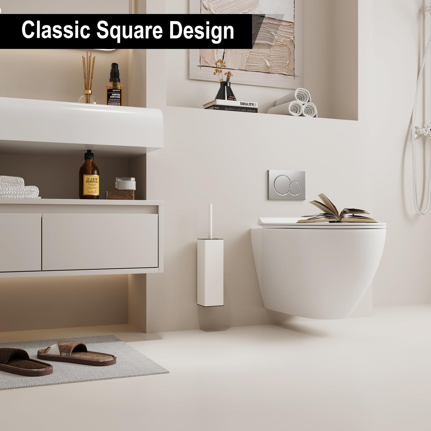 BVL Wall Mounted Matte White Toilet Brush, No Drilling Metal Toilet Brush Holder Includes 2 Brush Heads, Silicone Head Square Holder