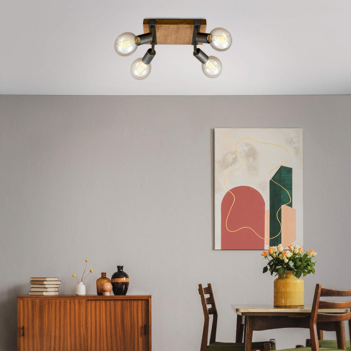BRILONER - Vintage Ceiling Light Rotatable, 4X E27 Socket, max. 25W, Retro, Wooden Base, spot Lights Ceiling, 4 spot Lights, Ceiling Lights Living