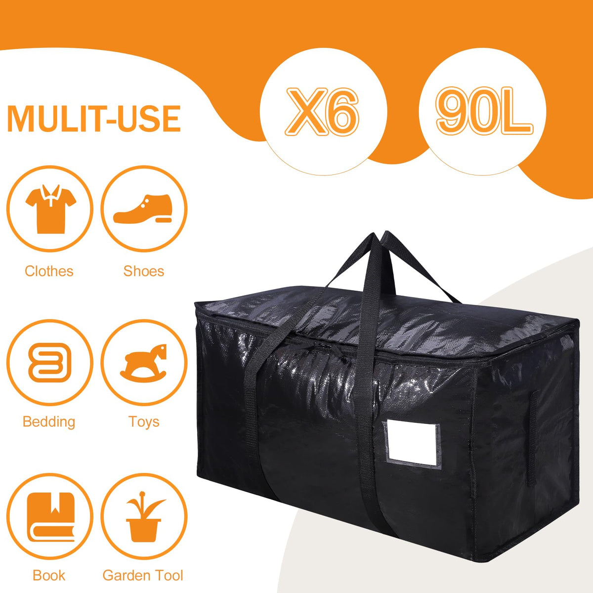 6 Pack 90L Moving Bags, Heavy Duty Storage Bags Dorm Moving Essential,Black
