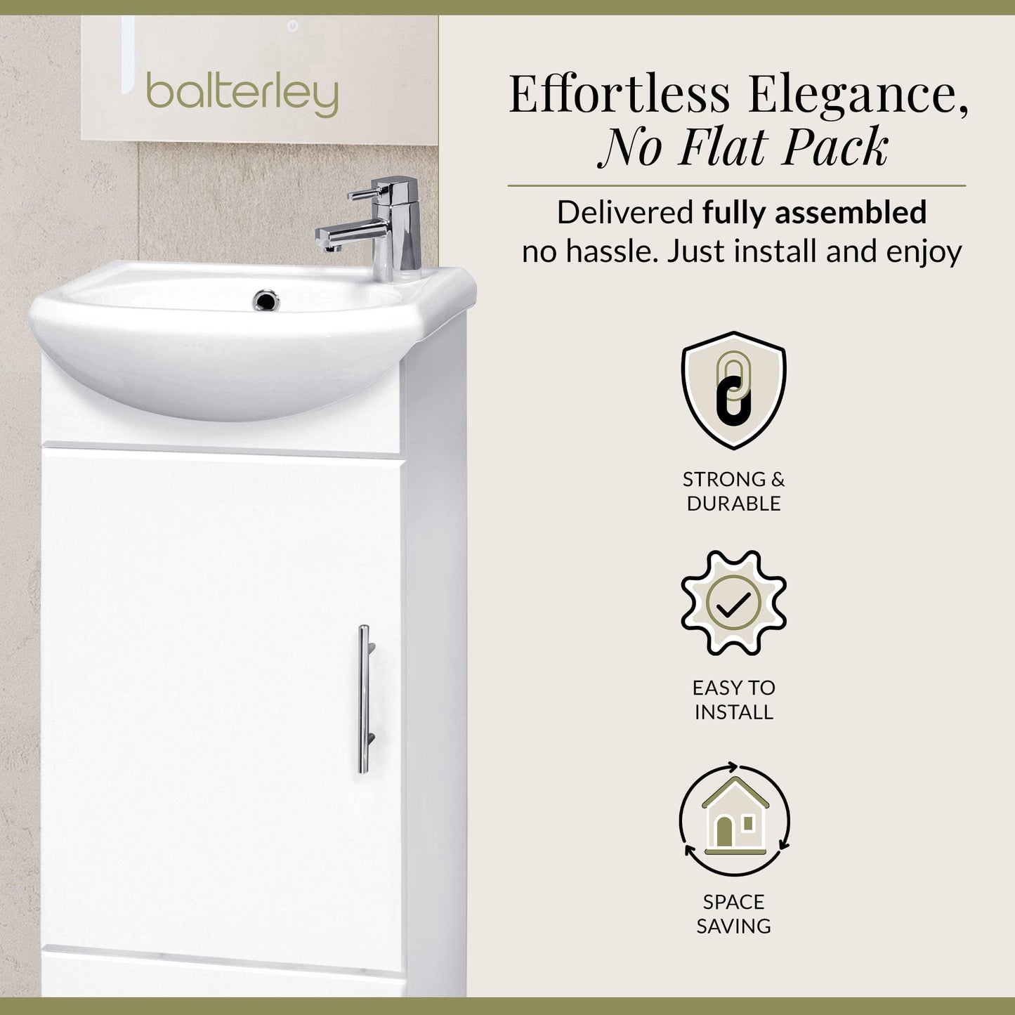 Balterley Vanity Unit with Basin Floor Standing, Soft Close Single Door with Curve Sink and Handle, Bathroom Vanity Units with Basin