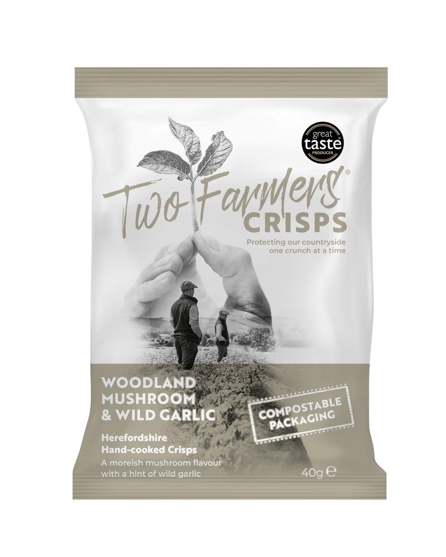 Two Farmers Crisps, Woodland Mushroom & Wild Garlic Hand Cooked Crisps, Vegan and Vegetarian, Gluten Free, 100% Compostable Bags, 24 x 40g
