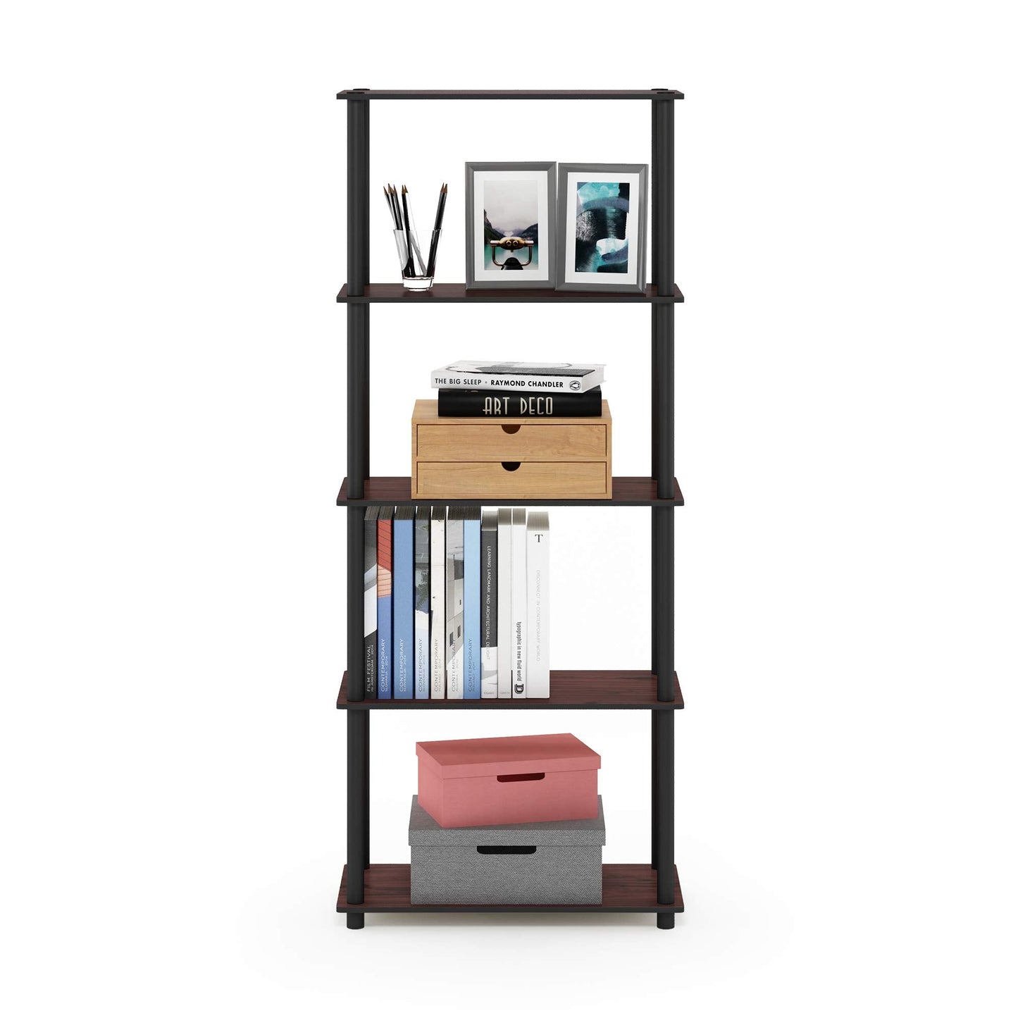 Furinno TURN-N-TUBE Tool-Free 5-Tier Book Shelf, Cherry Oak