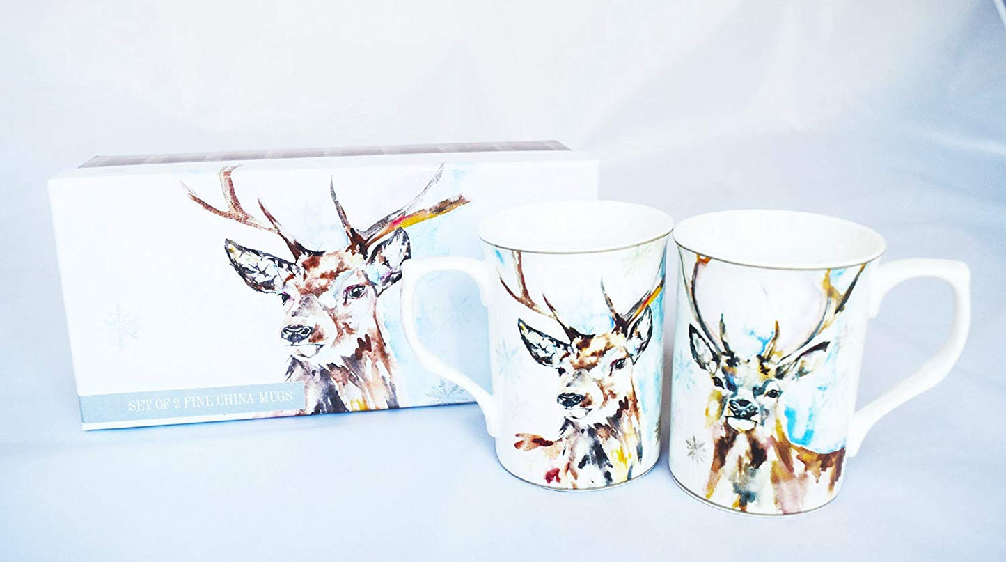 Set Of 2 Two Reindeer Mugs Christmas Wildlife onardo Collection China