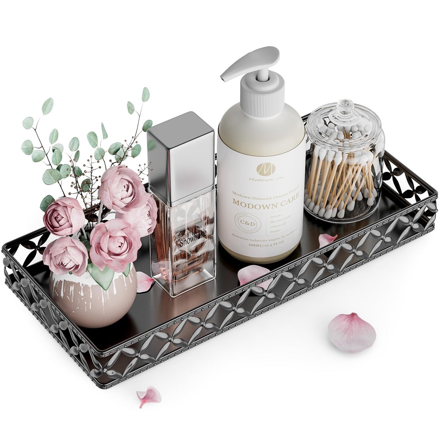 EKNITEY Vanity Tray for Bathroom Counter - Small Rectangle Decorative Tray 11 Inch Black Batroom Countertop Tray Organizer for Perfume Makeup Cosmetic