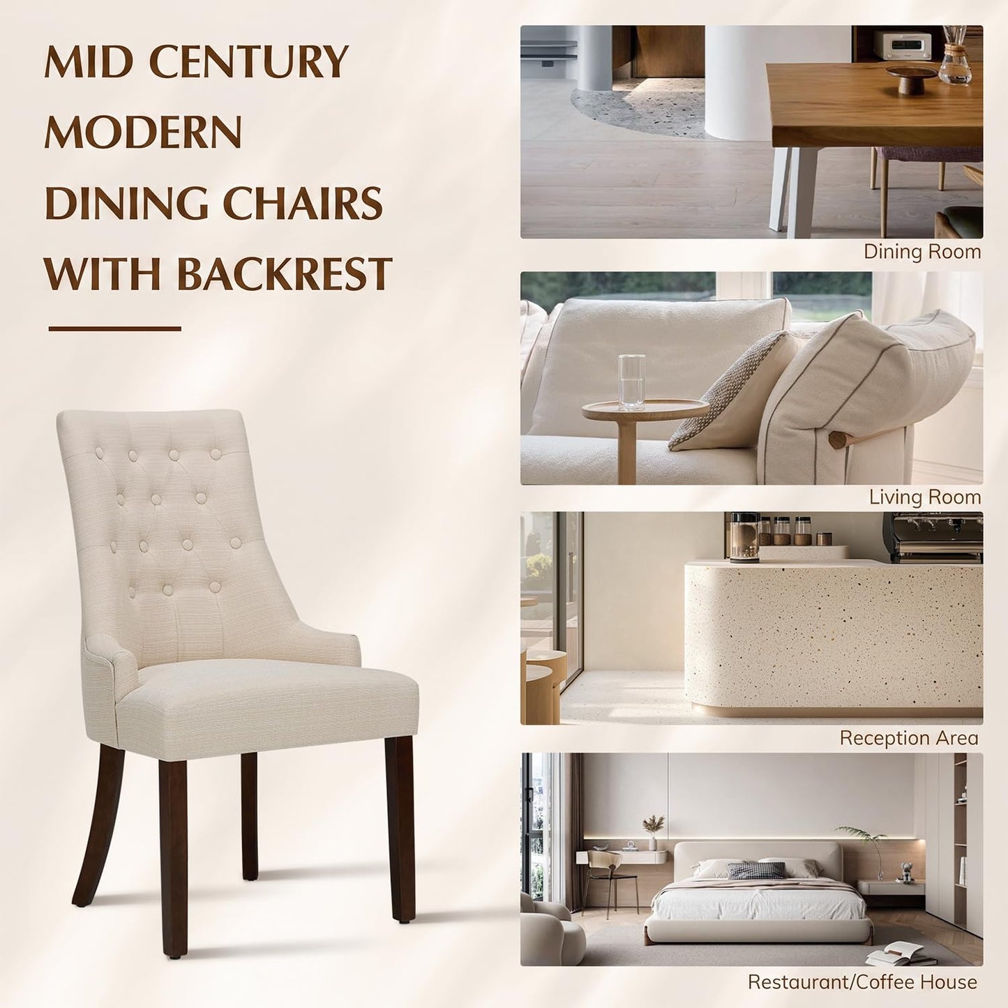 MALOL Upholstered Dining Chairs Set of 2, Wingback Dining Room Chairs with Tufted Button, High Back Kitchen Chairs with Solid Wood Legs