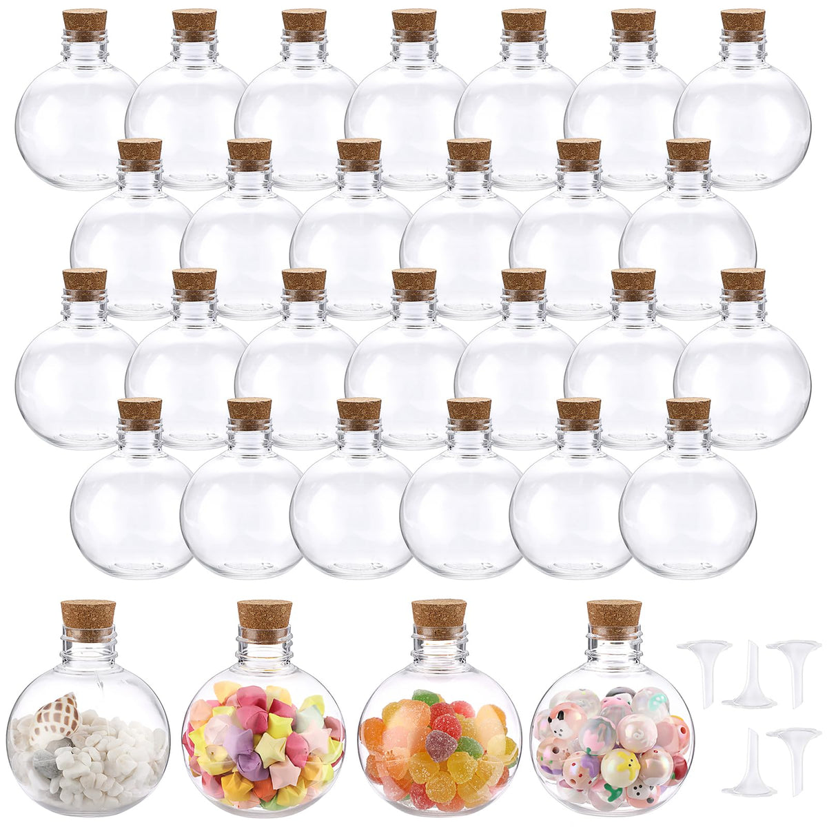 SUMTree 30 Packs 5 oz Ball Shape Plastic Sand Art Bottles with Corks Topper, Clear Potion Bottles Containers with 5 Mini Funnels for DIY Craft,