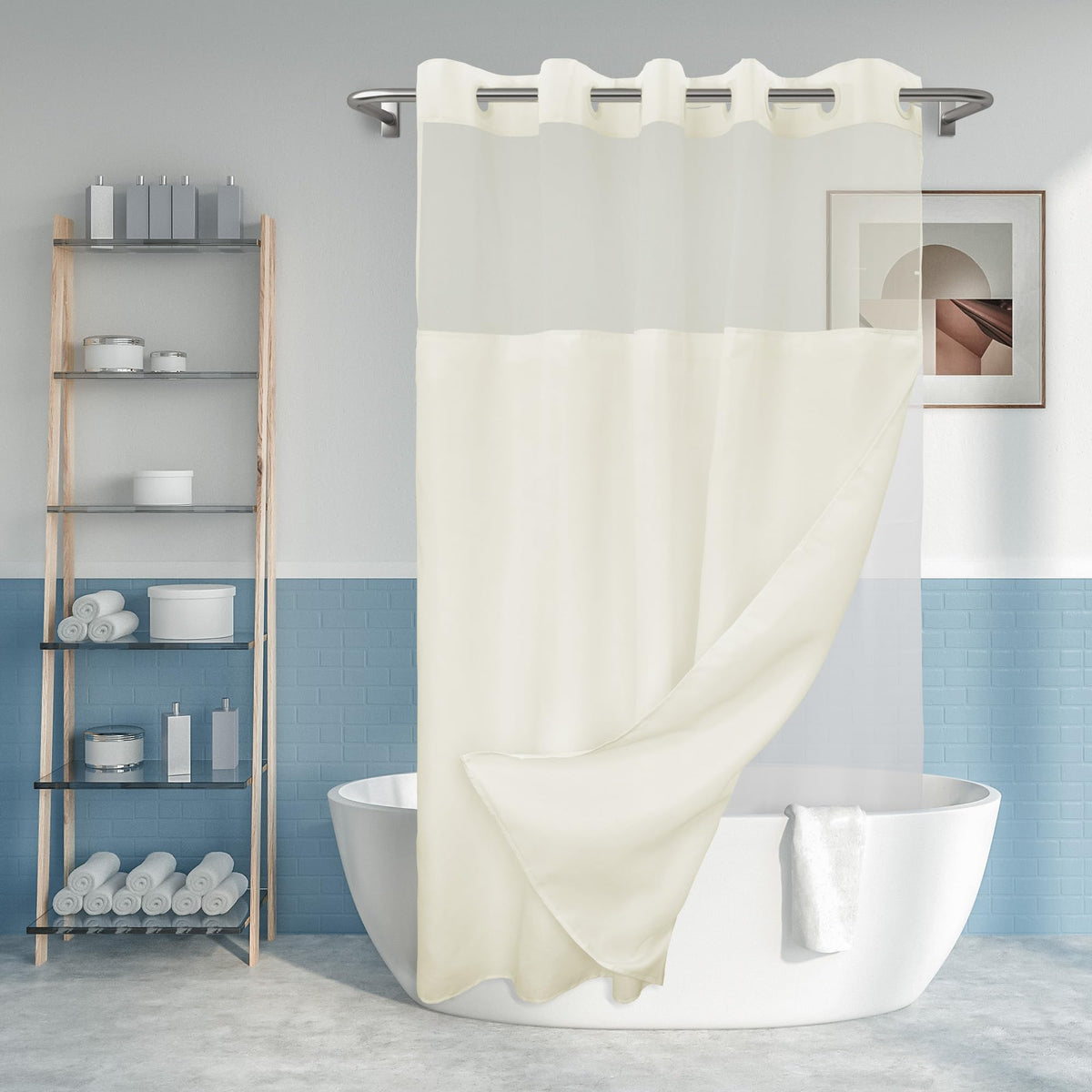 River Dream No Hook Slub Textured Shower Curtain with Snap-in PEVA Liner Set - 71" x 74"(72"), Hotel Style Cream Shower Curtain with Sheer Top Window,