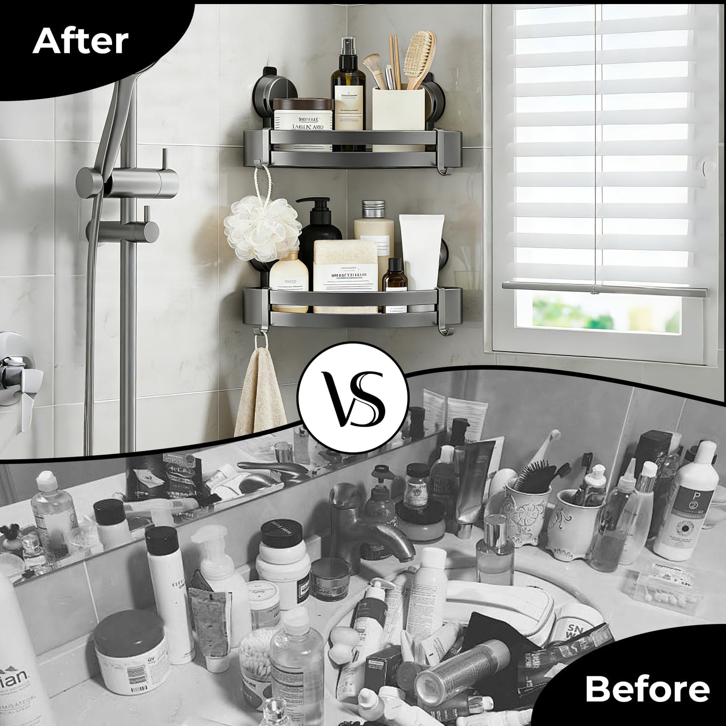 ONXE Shower Caddy Suction Cup,2Pcs Suction Cup Corner Shelf Coner No Drilling Bathroom Shelves Storage Organiser Rack Adhesive with 4 Hooks Wall