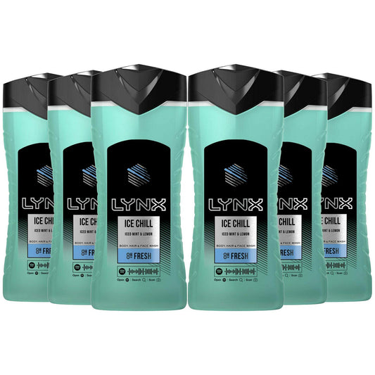 Lynx Ice Chill (Iced Mint & Lemon) Body, Hair & Face Wash 250ml (Pack of 6)