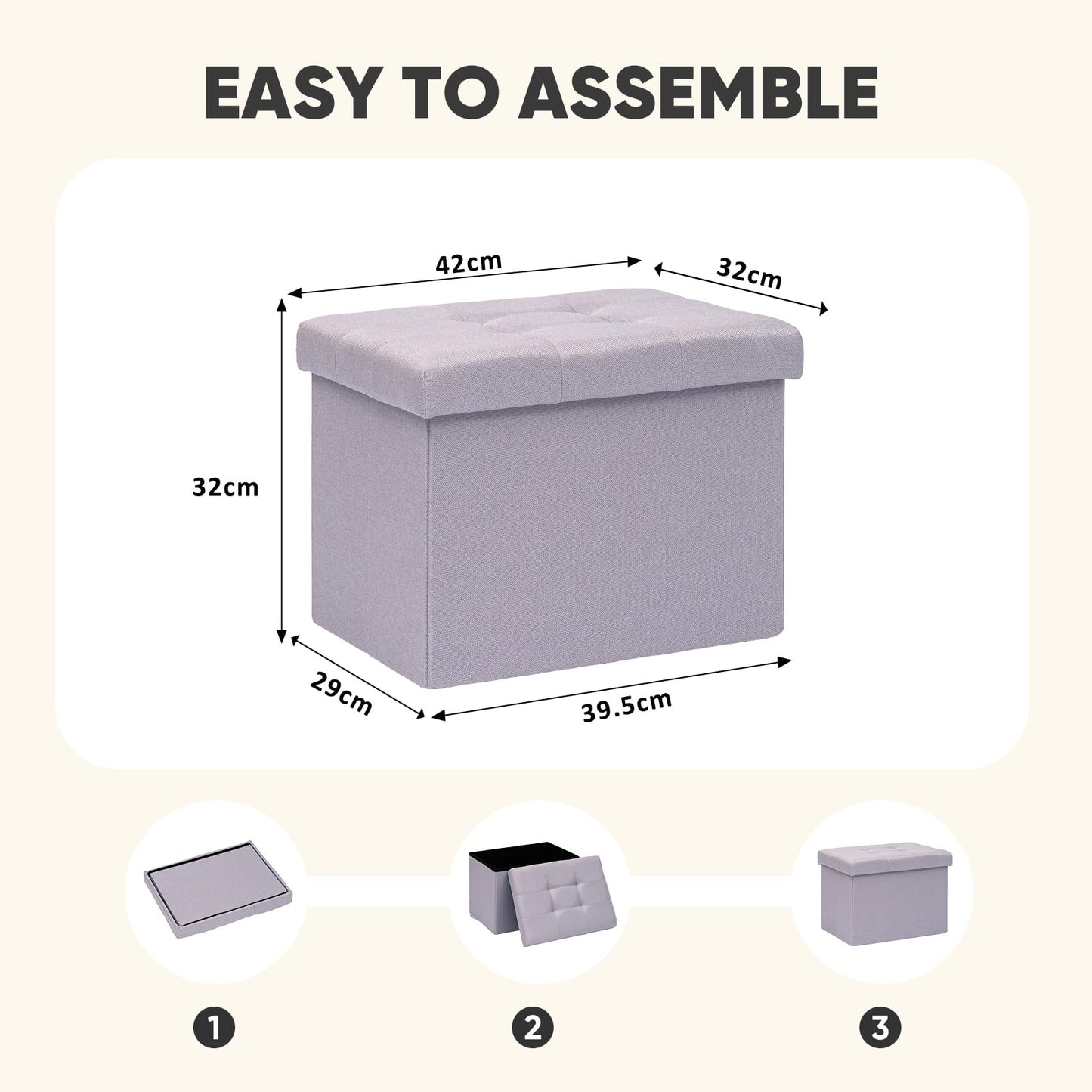 PINPLUS Linen Ottoman Storage Box with Lid, 42x32x32 cm, Light Purple