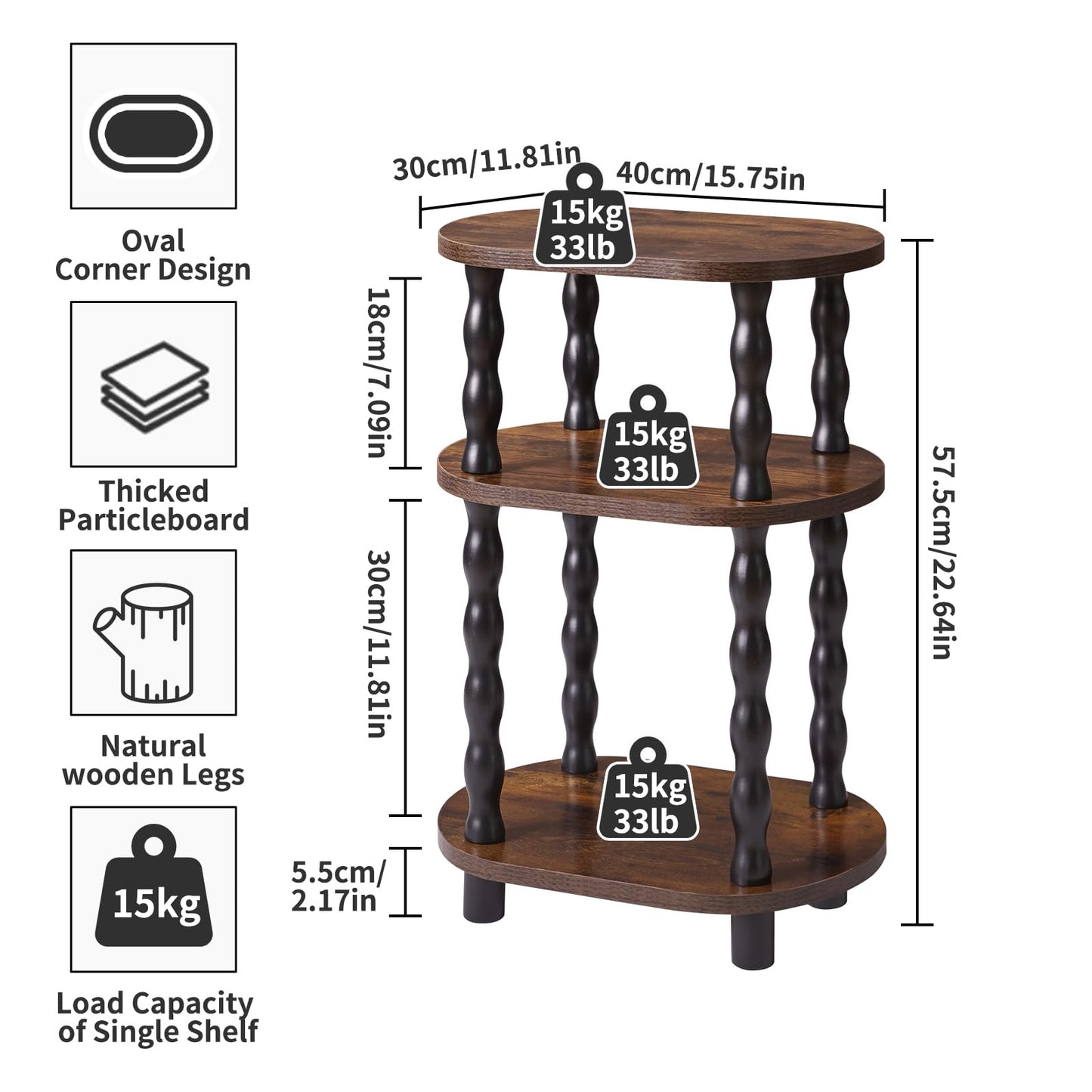 Aibiju Side Table with Solid Wood Legs, 3-Tier Oval End Table with Storage Shelf, Bedside Table Nightstand for Bedroom, Living Room, Hallway