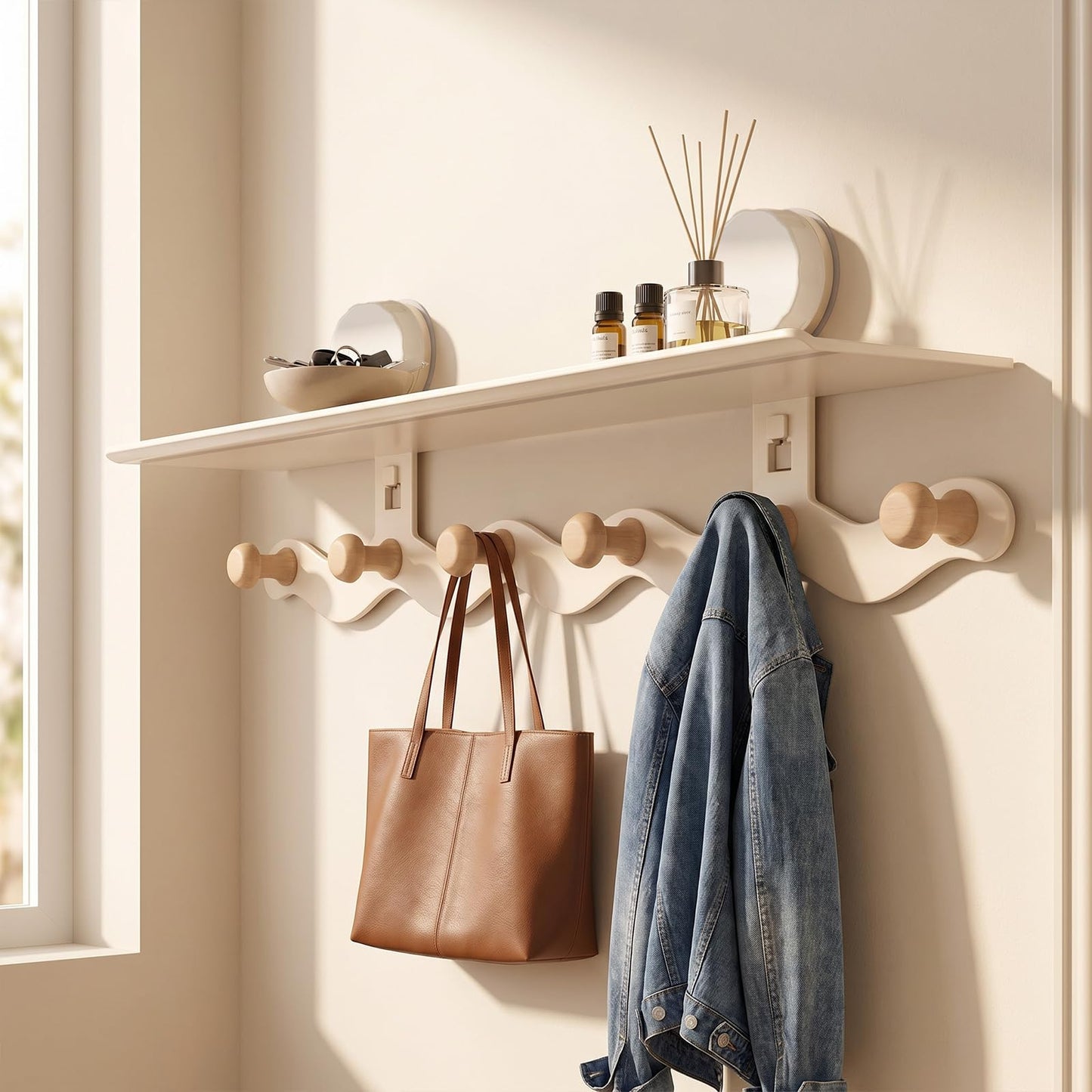 Coat Hooks Wall Mounted - Cream Coat Rack with Shelf & 6 Hooks, No-Drilling Suction Wall Mounted Jacket Hanger