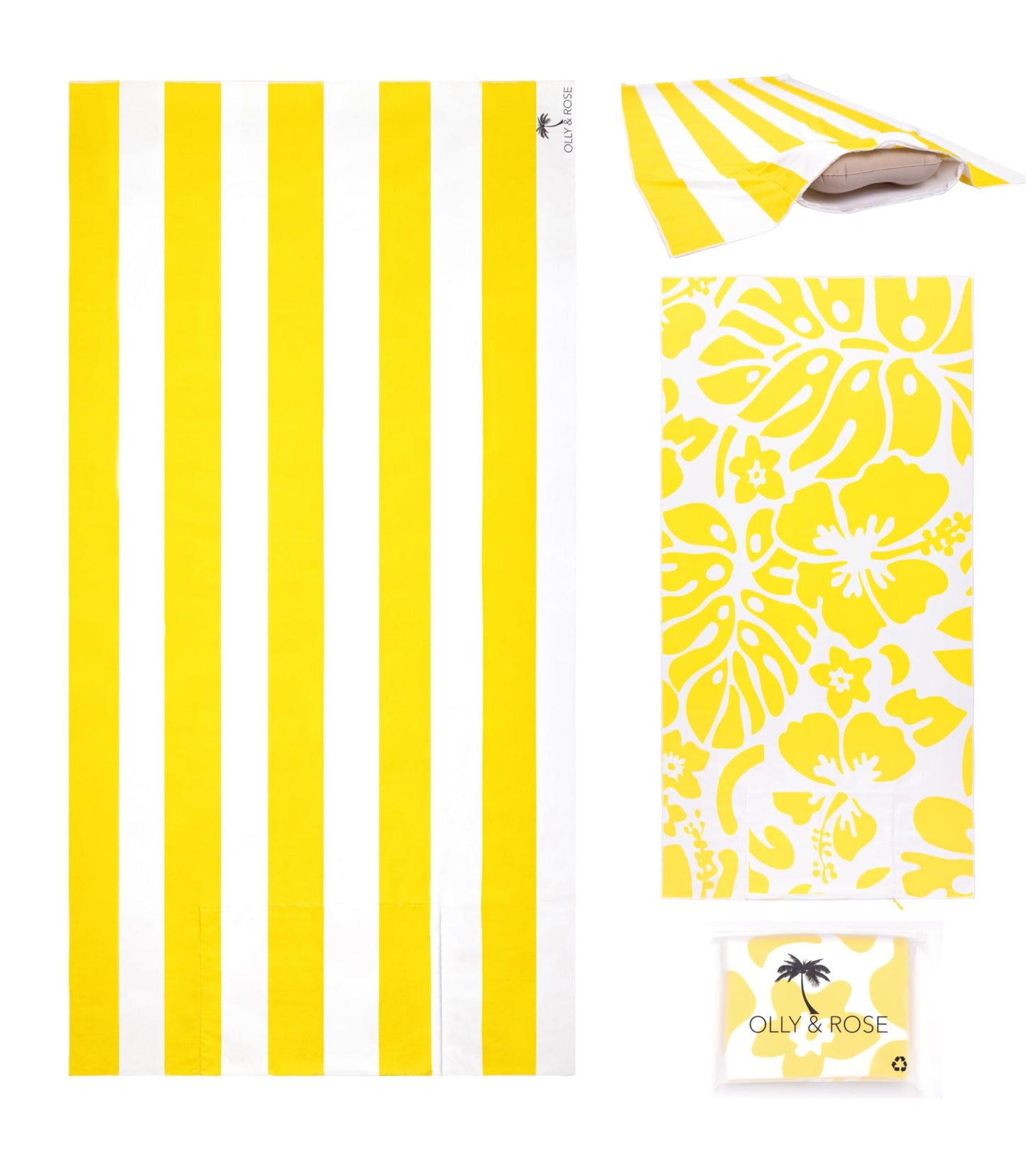 Olly & Rose Luxury Microfibre Extra Large Beach Towel with Zip Pocket and Inflatable Pillow and Reversible Pattern 100 x 200cm Yellow