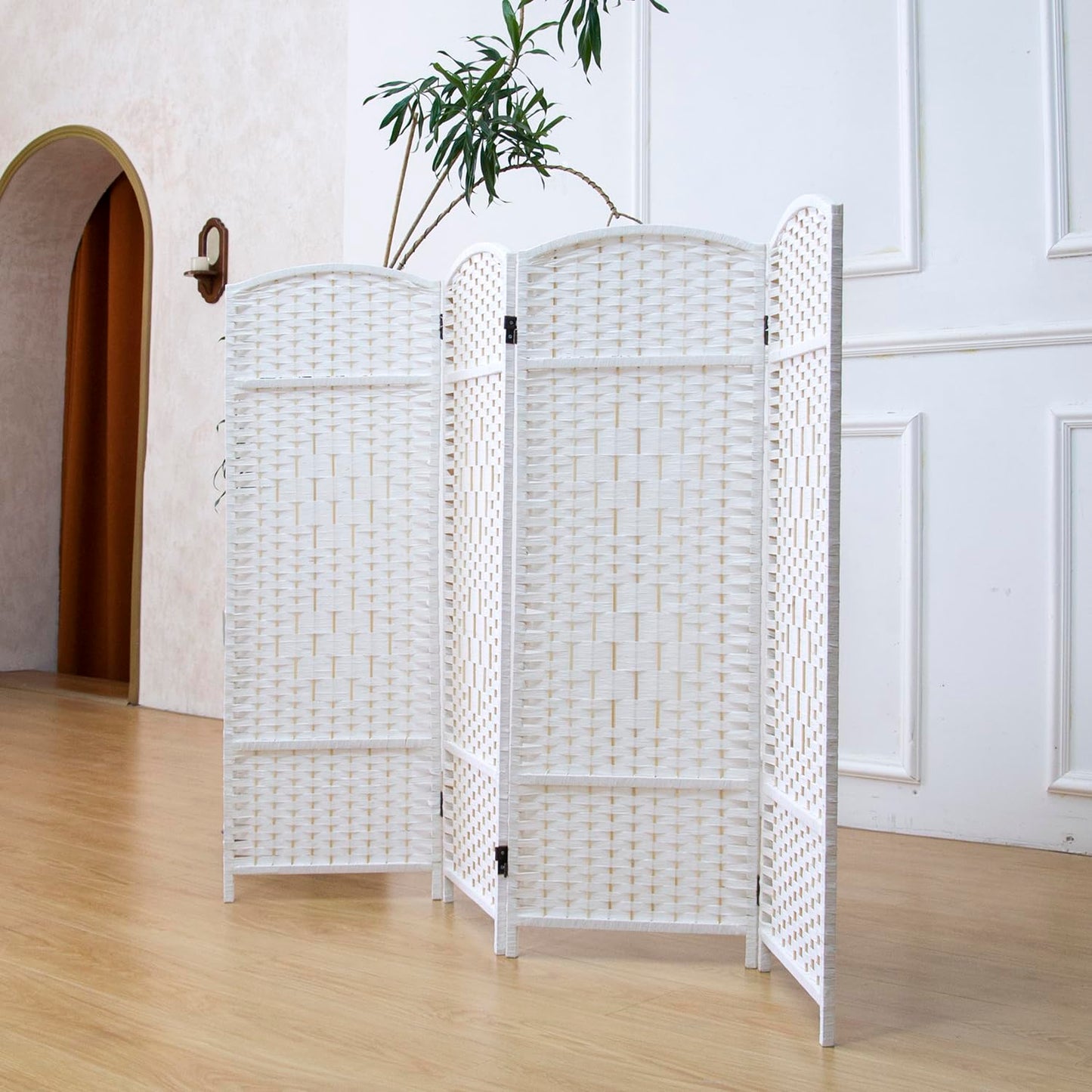 Furnnylane 4 Panel White Rattan Divider Short Room Partition Screen,Double Sided Short Folding Divider for Room Separation,120 cm Tall