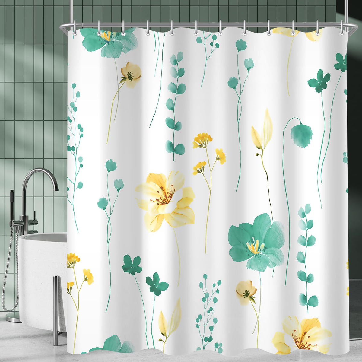 Lerores Shower Curtain, 180 x 160 cm, Mint Green Motif, Weighted Hem, Anti-Mould, Water-Repellent, Washable Polyester Bath Curtains with 12 Eyelets