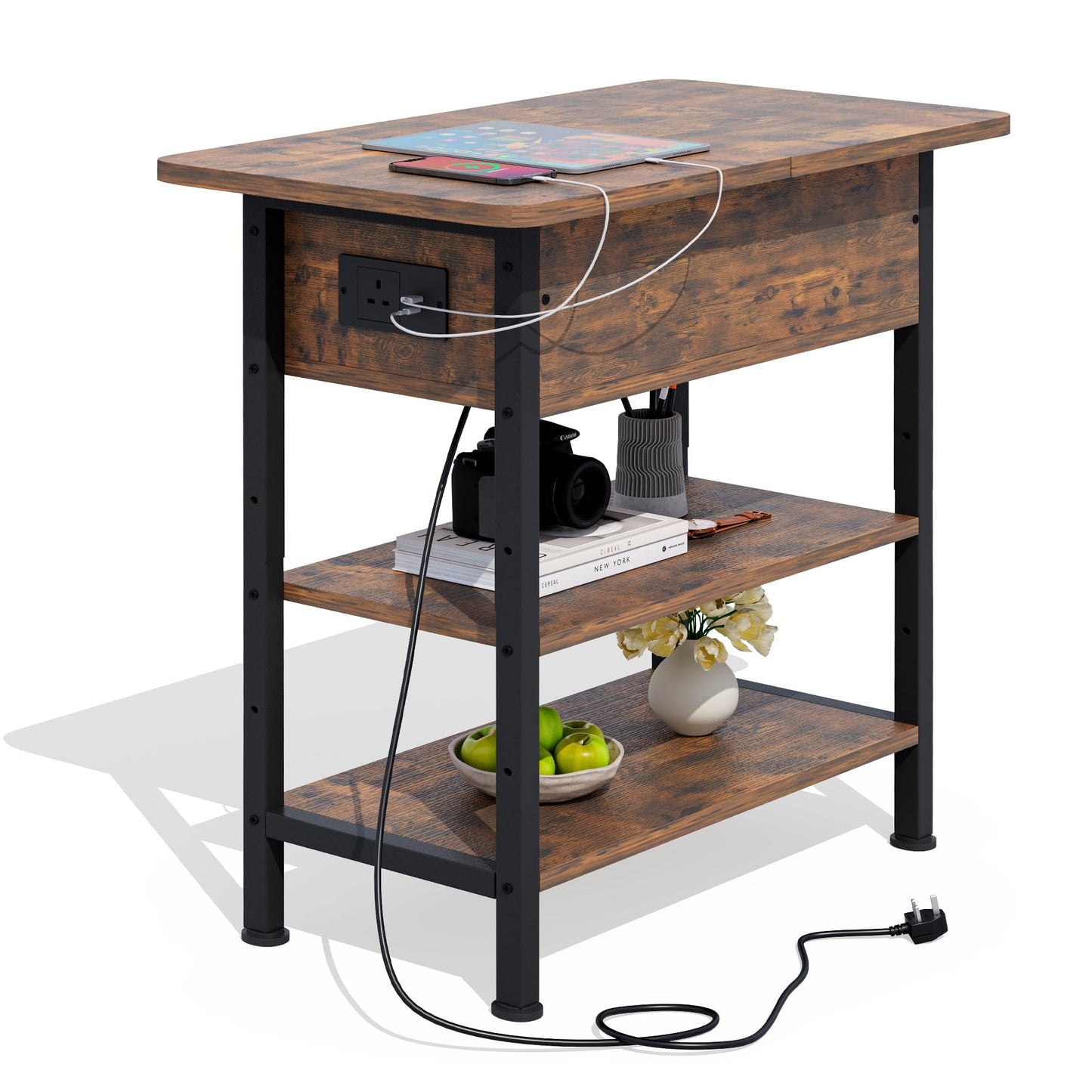 Side Table with Charging Station, Small Flip Top Narrow Sofa End Table