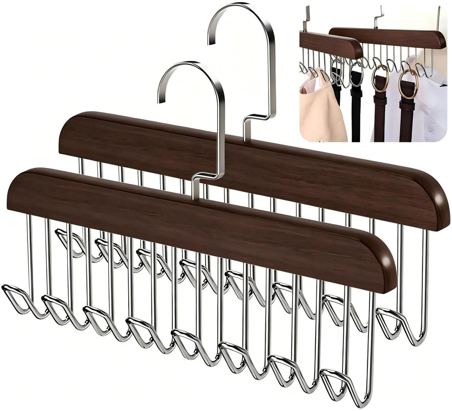 JXAurix 2 Pack Non Slip Wooden Multi Hook Hanger 8 Hooks Each 360° Rotatable U-Shaped Heavy Duty 40kg Load Bearing Wardrobe Organiser for Belts Ties