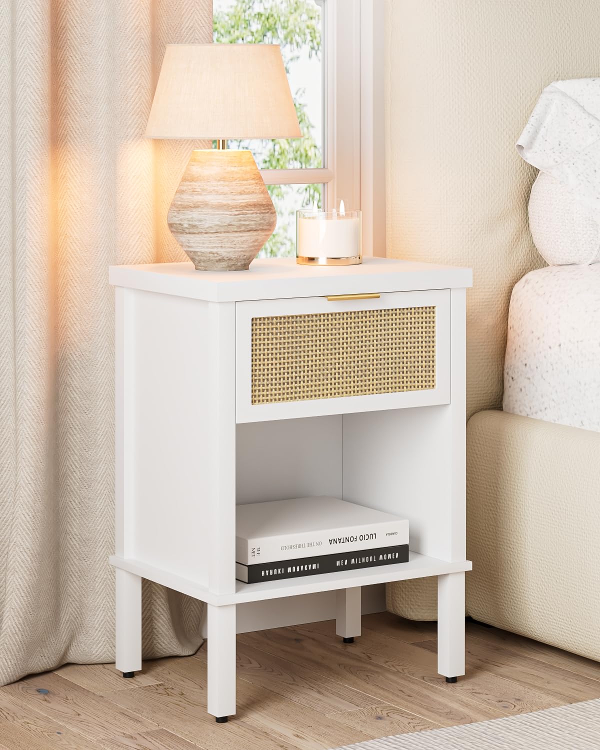 Apetaccat Rattan Bedside Table, Side Table with Open Storage Shelf, White