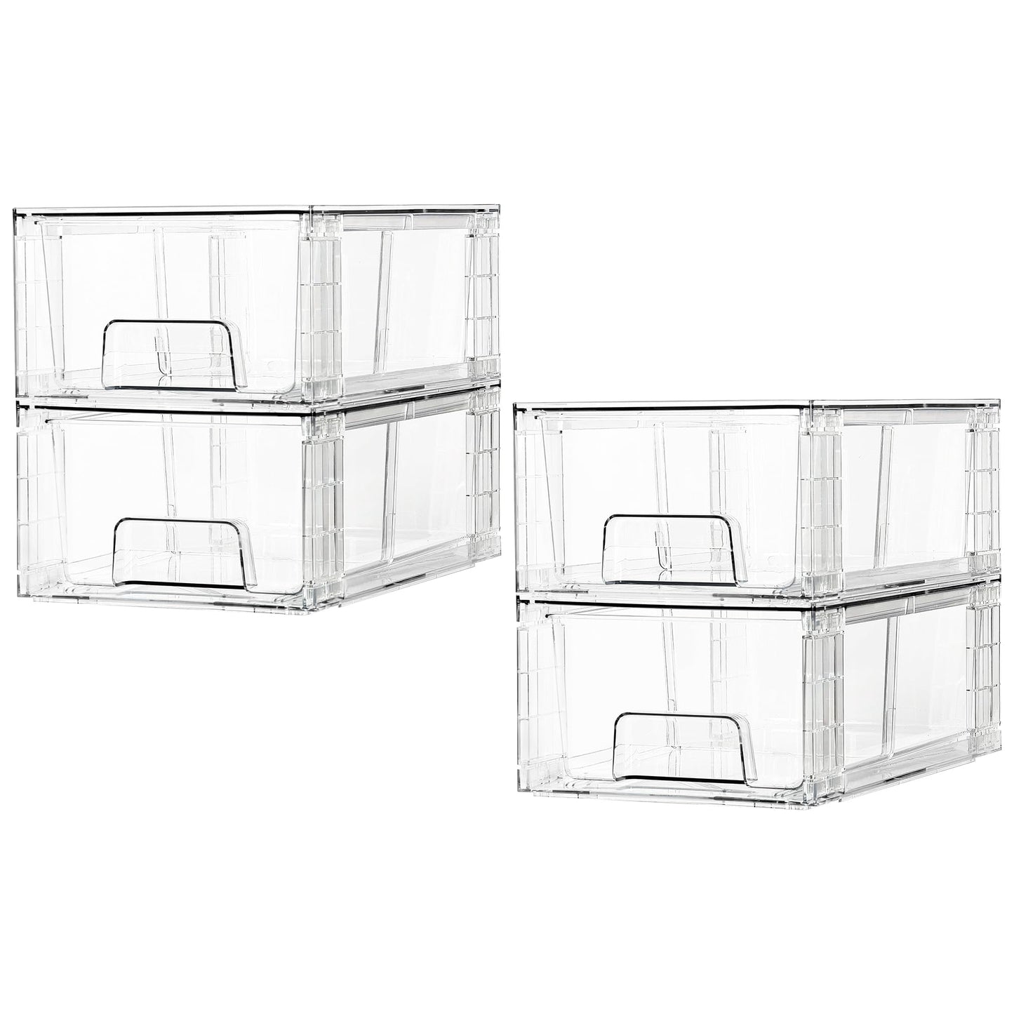Vtopmart 4 Pack Stackable Storage Drawers,Clear Acrylic Drawer Organizers with Handles, Easily Assemble Containers for Fridge, Bathroom,Kitchen
