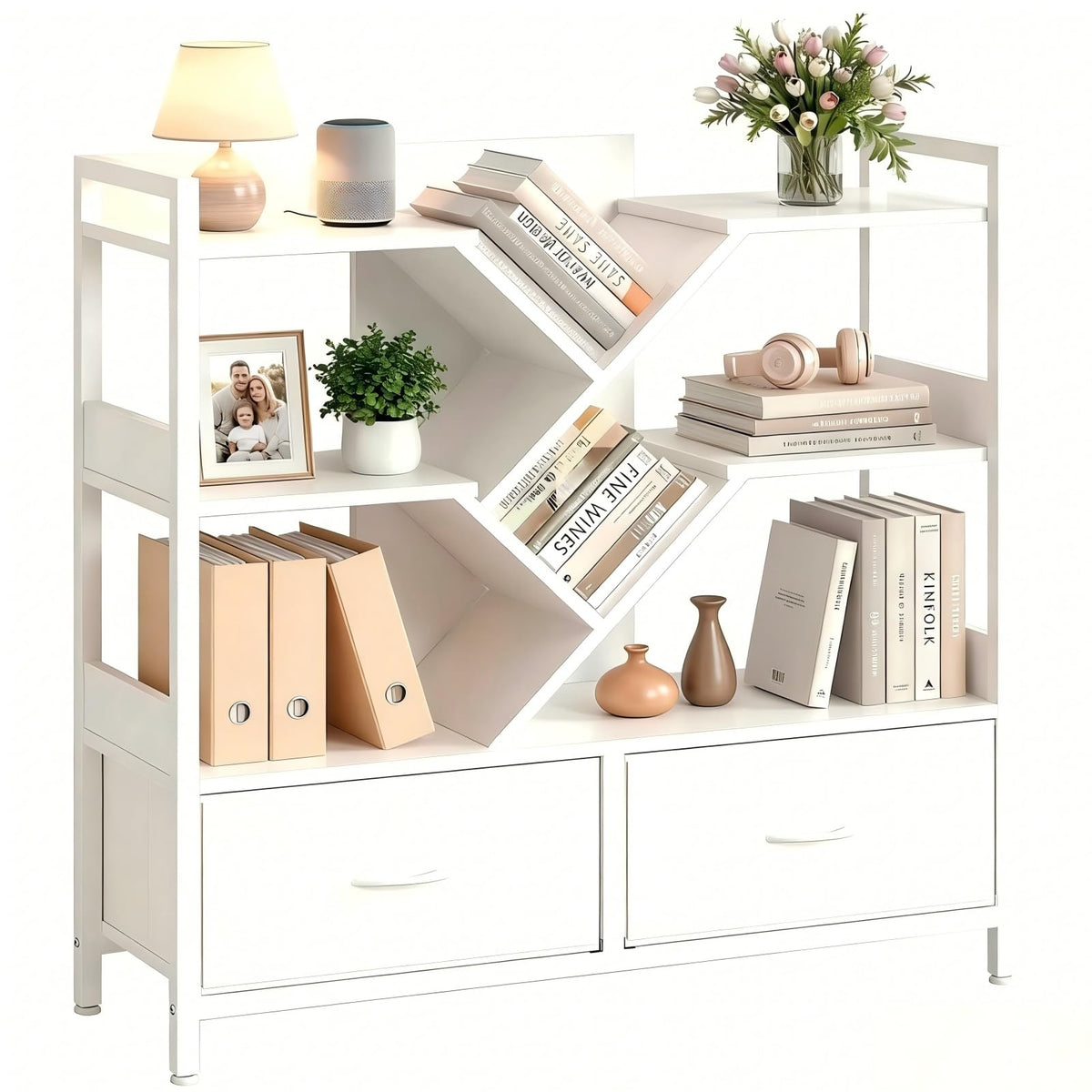 IRONCK White Bookshelf with 2 Drawers & Wheels, Cube Bookcase 100x32x104 cm