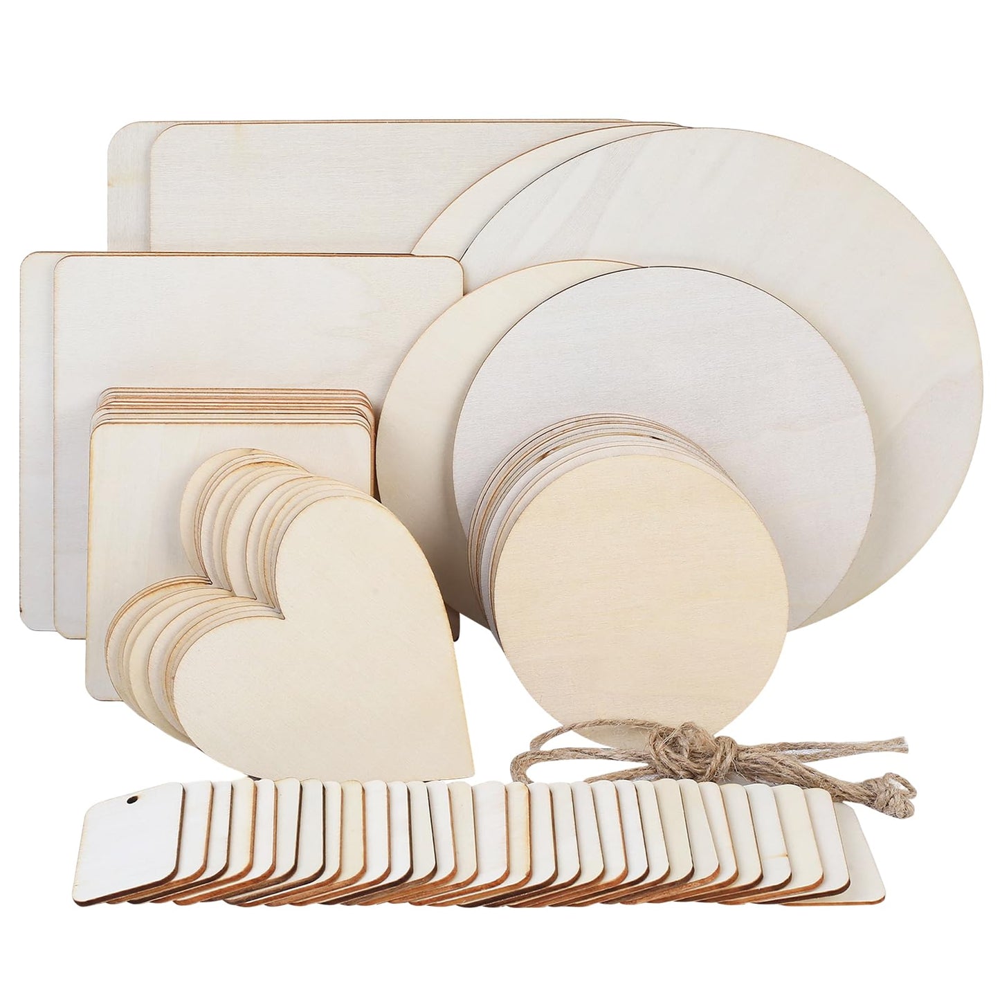 70x Unfinished Blank Wood Slices for Crafts, Unfinished Round Circles Square Wood Pieces,Wooden Hearts for Crafting,Pyrography Woodcraft Wooden Discs