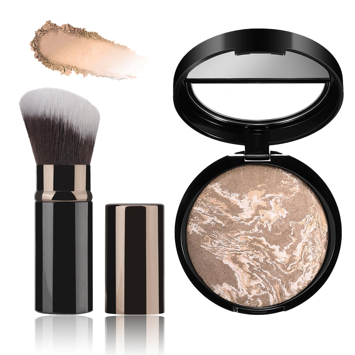 Colour Correcting Baked Foundation for Mature Skin with Brush- Long-Lasting Powder Foundation for Oil-control, Cover Fine Lines & Blemishes - Natural