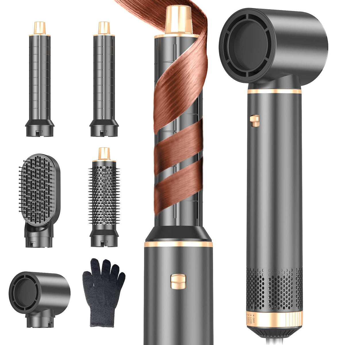 Dryhsip Hair Dryer Brush, 5-in-1 Hot Air Brush, Blow Dryer & Styler with Detachable Heads (Curling Wand, Volumizing Brush, Straightener, Curler),