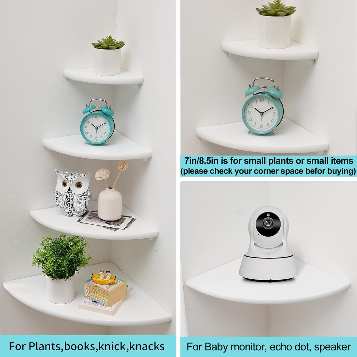 Gieanoo White Corner Shelf Wall Mount, Solid Oak Wood Set of 2 12inch Floating Corner Shelf Round End Floating Speaker Shelf With Wire Hole Shelf for