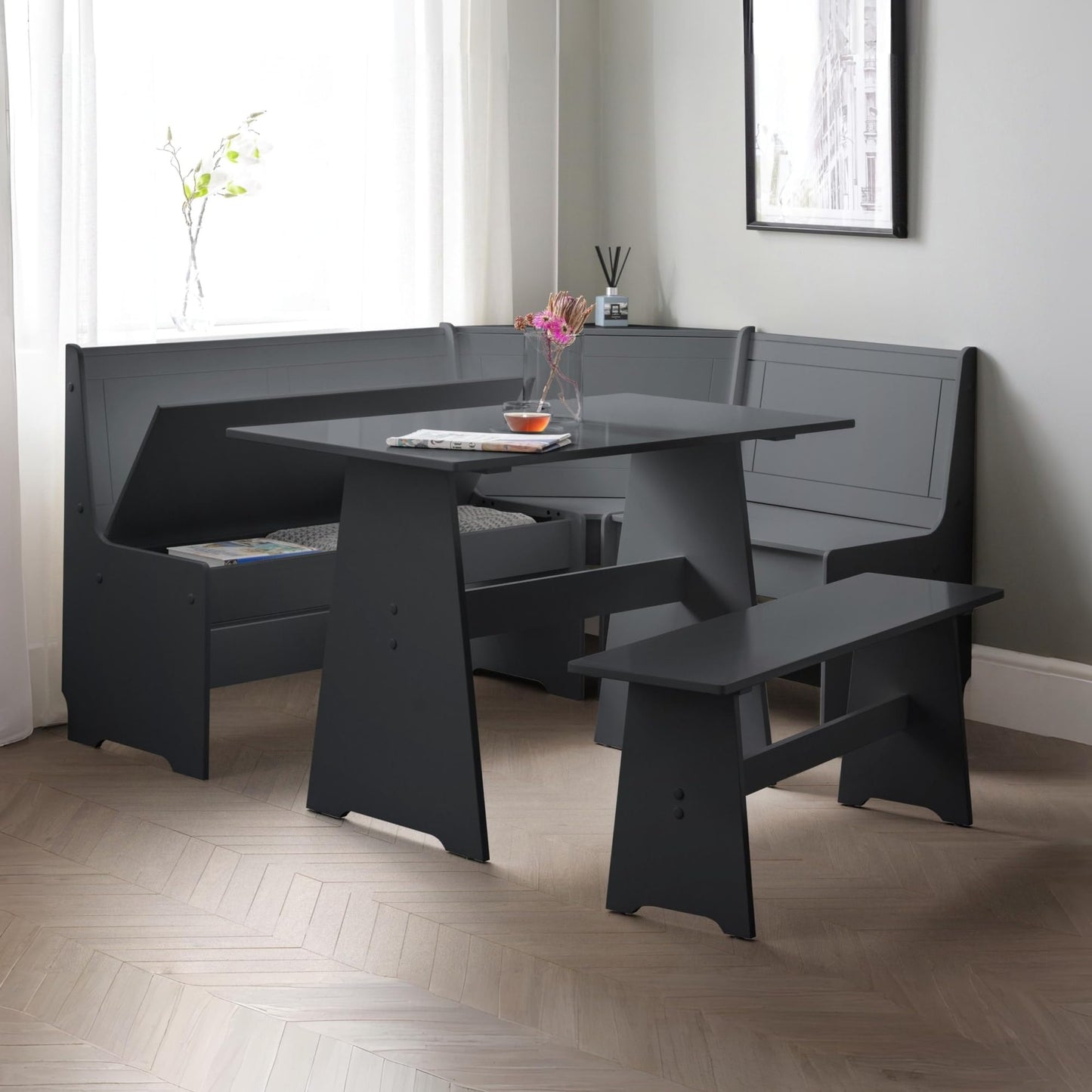 Julian Bowen Newport Corner Dining Set with Bench, Dark Grey - W158 xD120cm